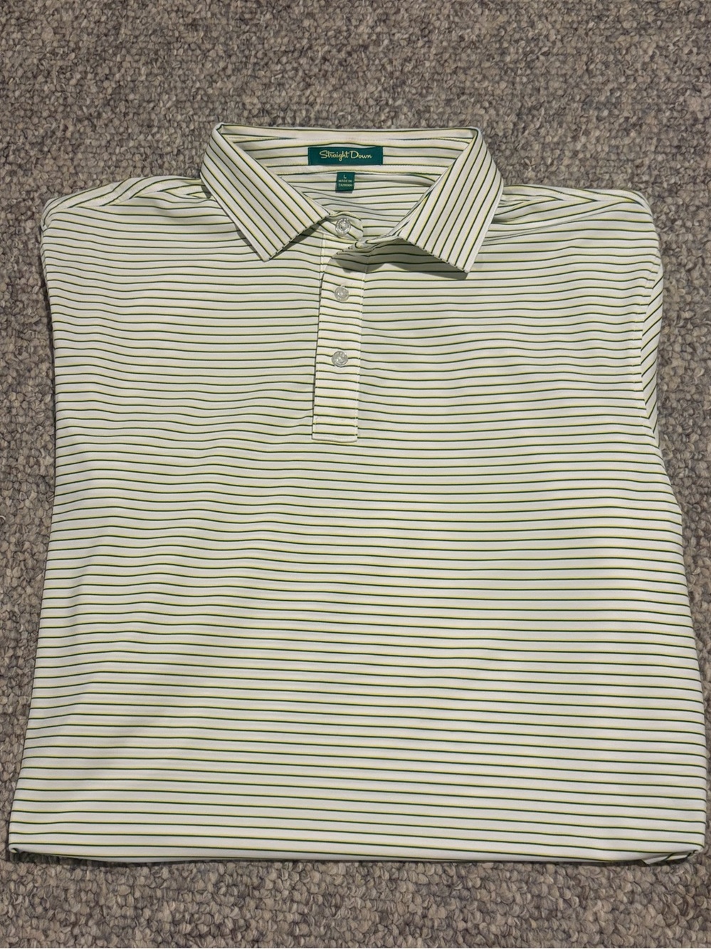 Straight Down white/Green/Yellow Striped Polo Large